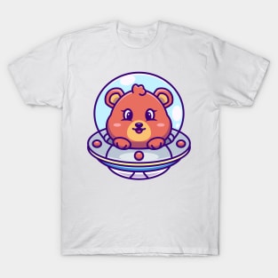 Cute bear flying with spaceship ufo cartoon T-Shirt